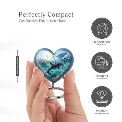 Misty Blue Dolphin Cremation Urn front view showing detailed design - loving heart memorial featuring dolphin pattern - mini keepsake memorial for portion of cremation ashes