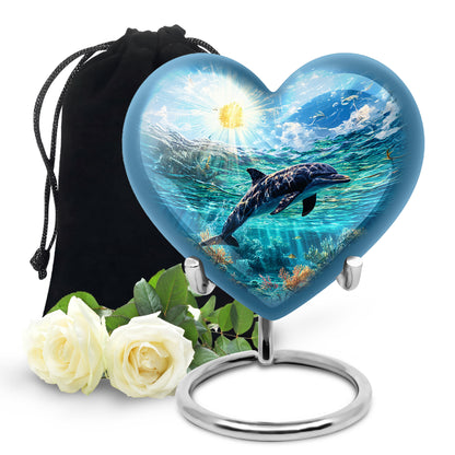 Calming Blue Dolphin Cremation Urn detail view - compassionate heart-dolphin combination with gentle curves - full-size 10 inch 200 cubic inch adult cremation urn