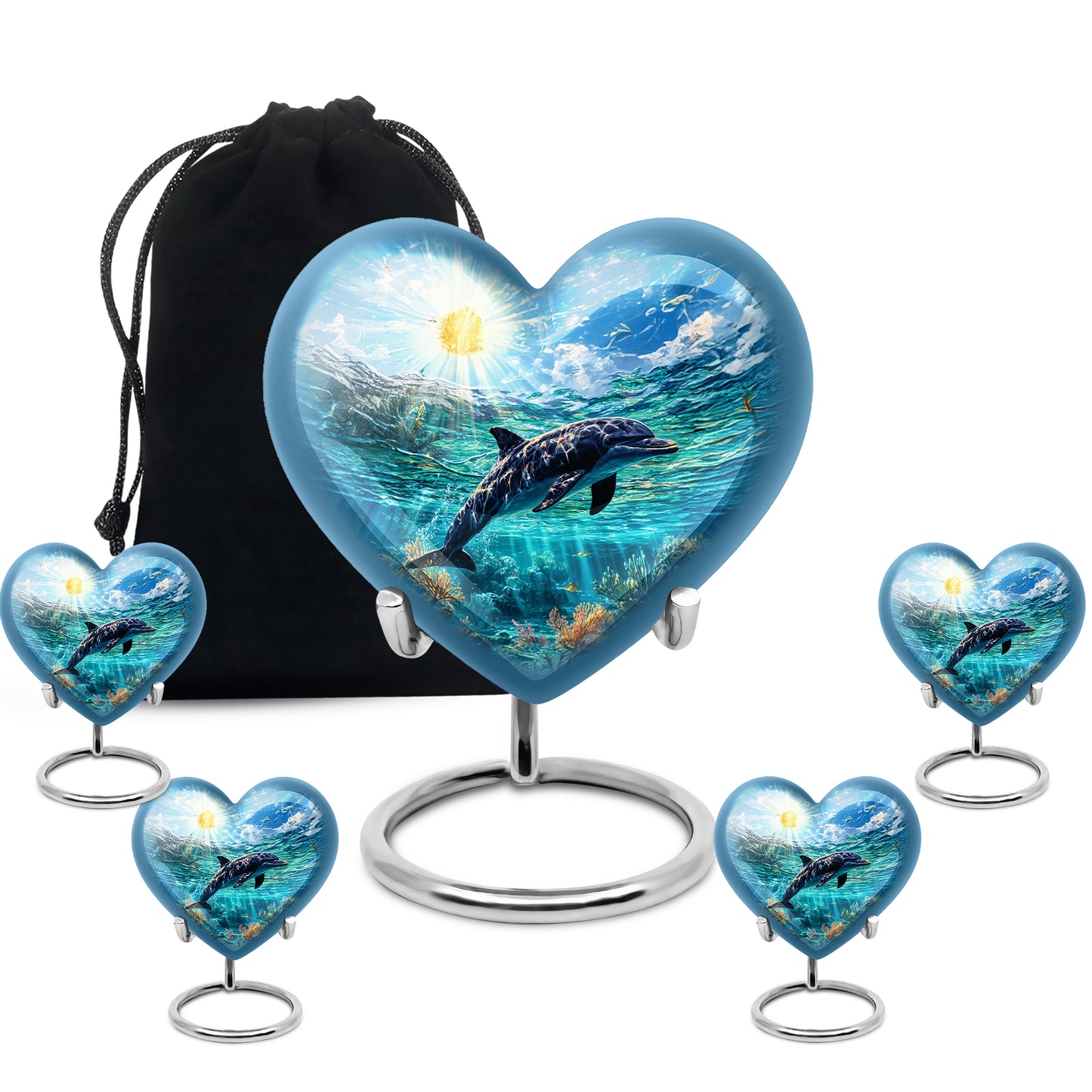 Navy Blue Dolphin Cremation Urn close-up of engraving and surface detail - loving heart memorial featuring dolphin pattern - memorial set with one large and four small urns