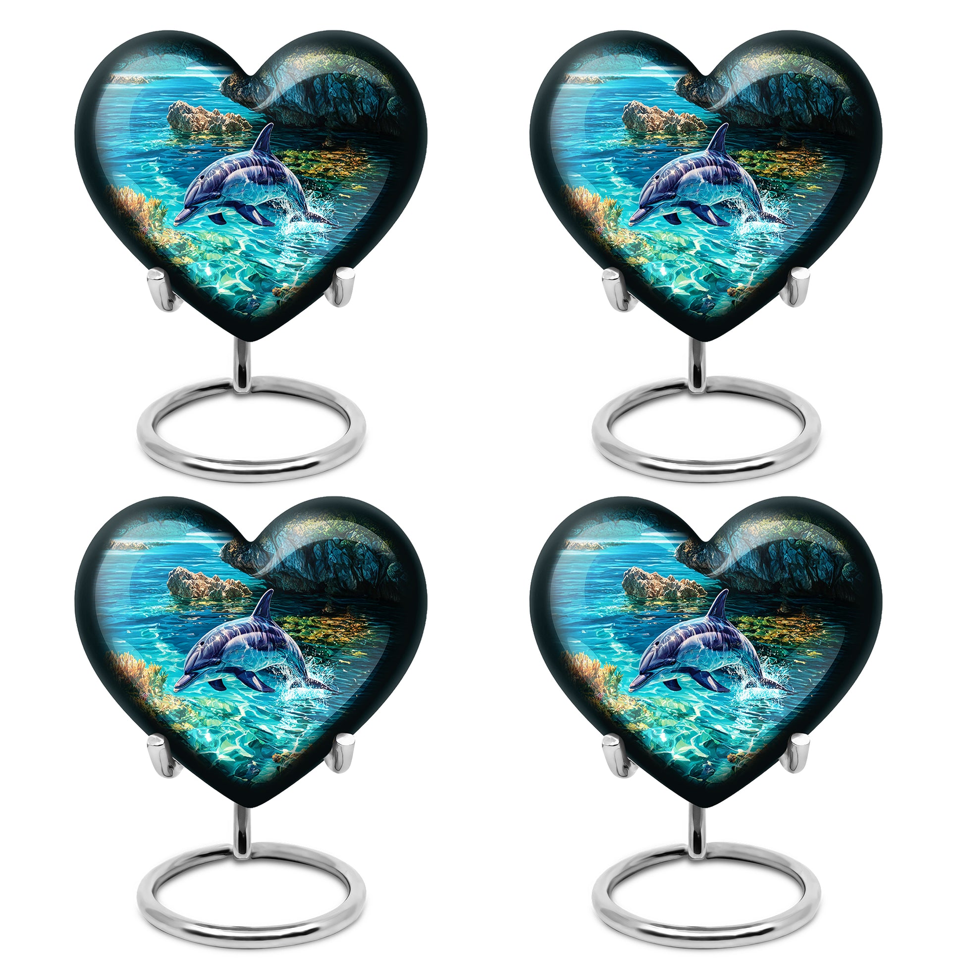 Mint Green Dolphin Cremation Urn angled view of lid and engraved motif - compassionate heart-dolphin combination with gentle curves - 10 inch aluminum urn for cremated remains