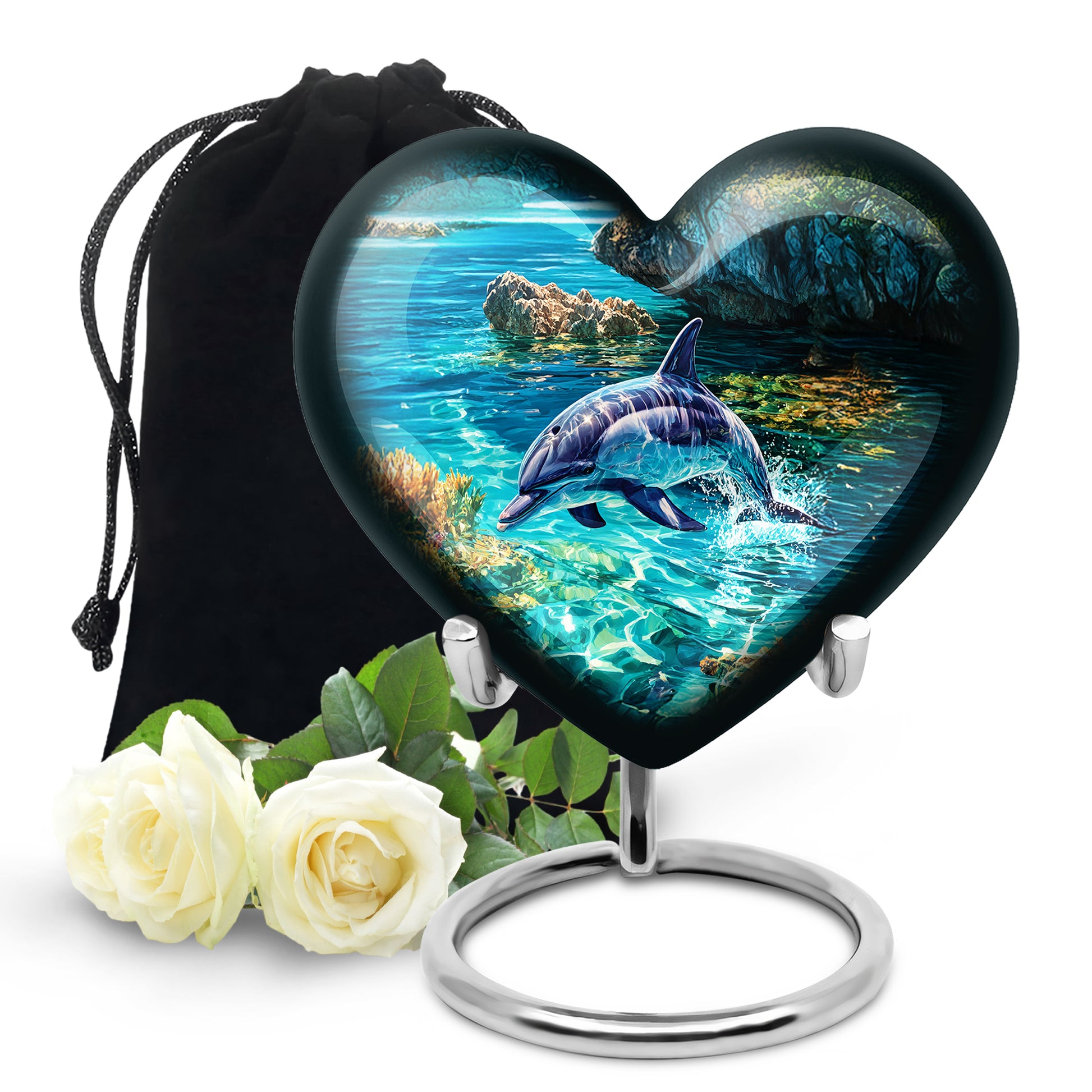 Pine Green Dolphin Cremation Urn detail view - romantic heart urn with dolphin motif on aluminum - full-size 10 inch 200 cubic inch adult cremation urn