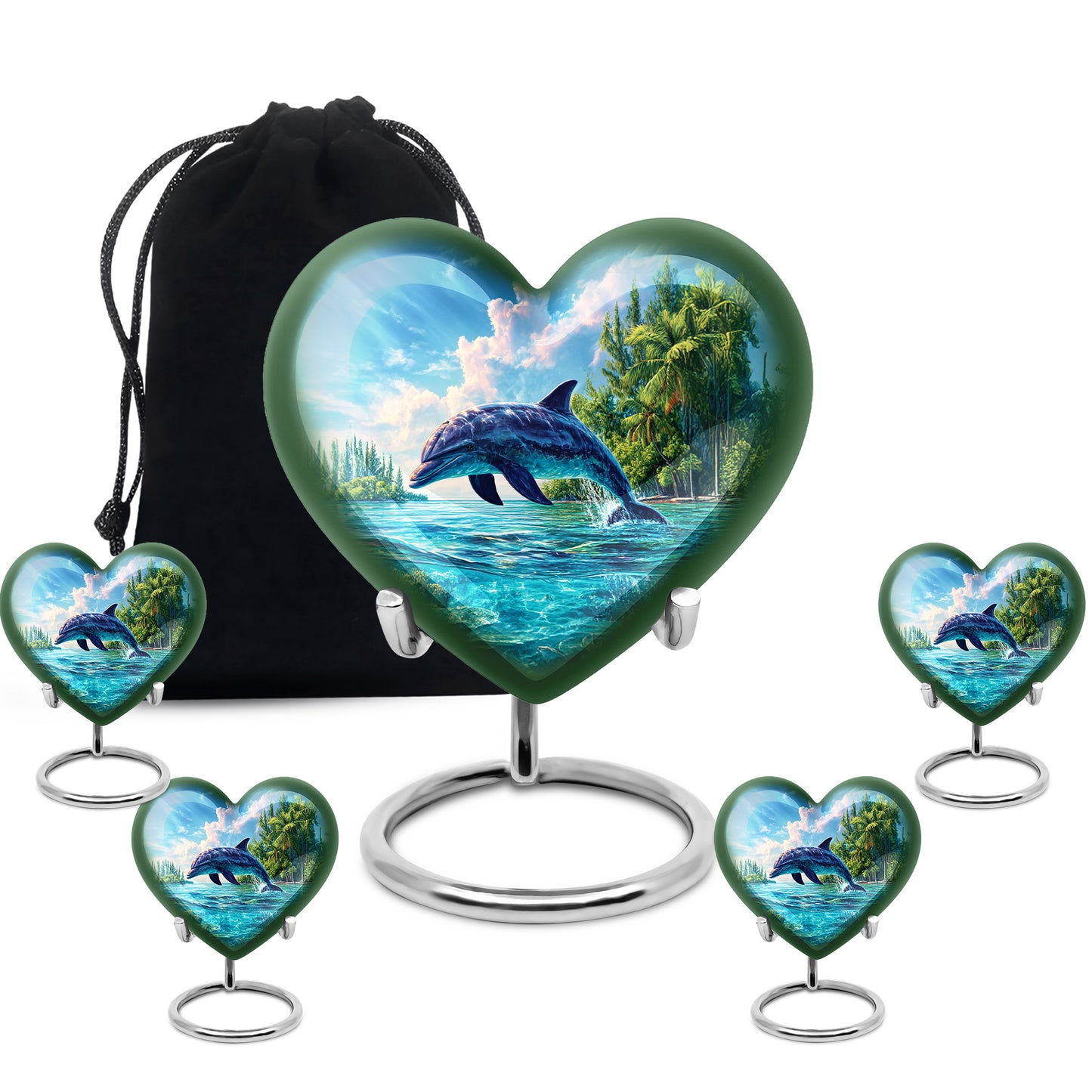 Slate Blue Dolphin Cremation Urn close-up of engraving and surface detail - heart-shaped dolphin design symbolizing eternal love - memorial set with one large and four small urns