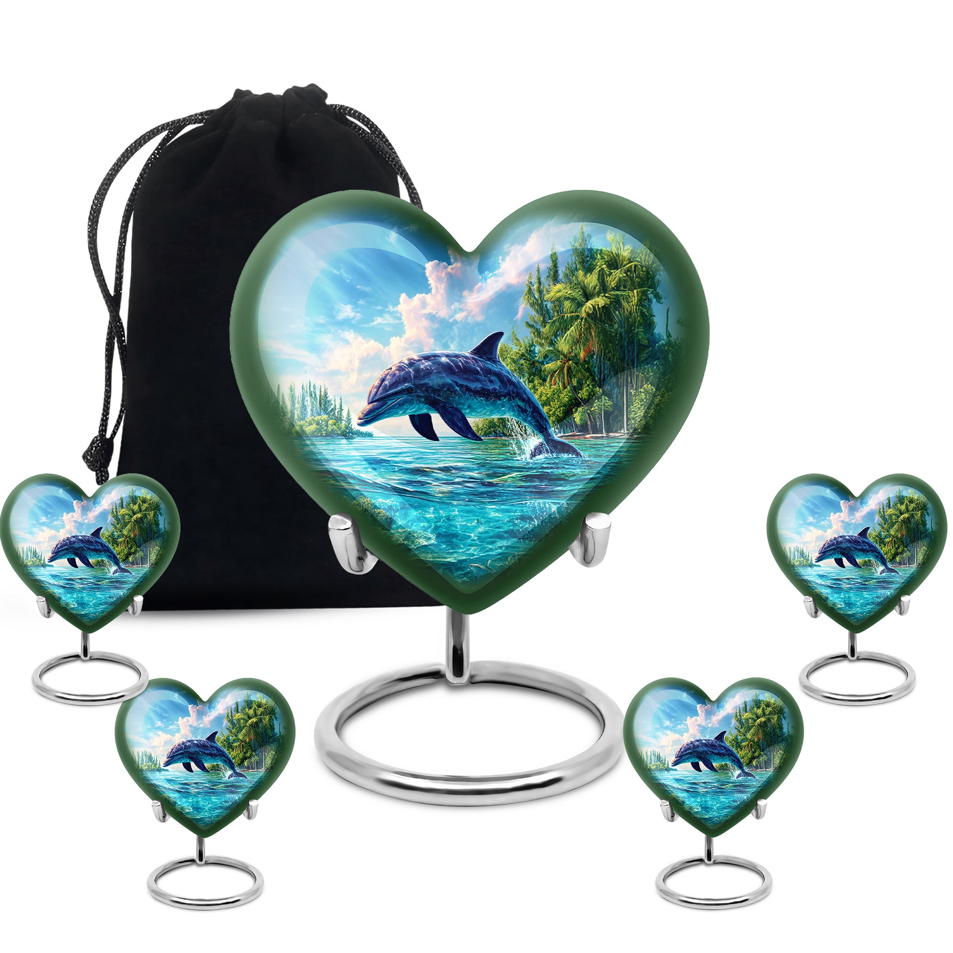 Slate Blue Dolphin Cremation Urn close-up of engraving and surface detail - heart-shaped dolphin design symbolizing eternal love - memorial set with one large and four small urns