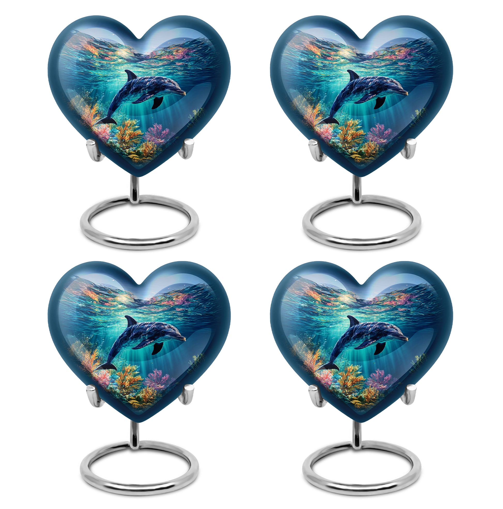 Cobalt Blue Dolphin Cremation Urn angled view of lid and engraved motif - romantic heart urn with dolphin motif on aluminum - 10 inch aluminum urn for cremated remains