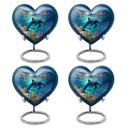 Cobalt Blue Dolphin Cremation Urn angled view of lid and engraved motif - romantic heart urn with dolphin motif on aluminum - 10 inch aluminum urn for cremated remains