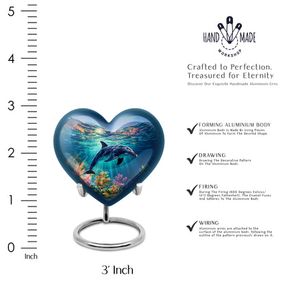 Pastel Blue Dolphin Cremation Urn front view showing detailed design - loving heart memorial featuring dolphin pattern - mini keepsake memorial for portion of cremation ashes
