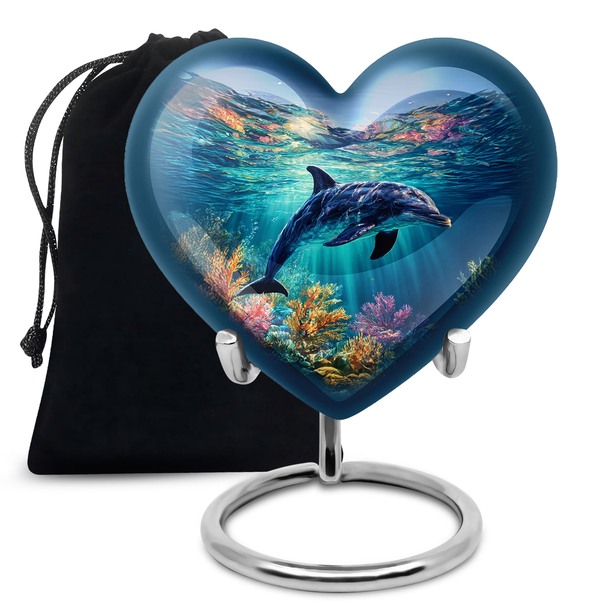 Navy Blue Dolphin Cremation Urn detail view - heart-shaped dolphin design symbolizing eternal love - full-size 10 inch 200 cubic inch adult cremation urn