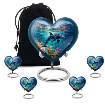 Misty Blue Dolphin Cremation Urn close-up of engraving and surface detail - loving heart memorial featuring dolphin pattern - memorial set with one large and four small urns