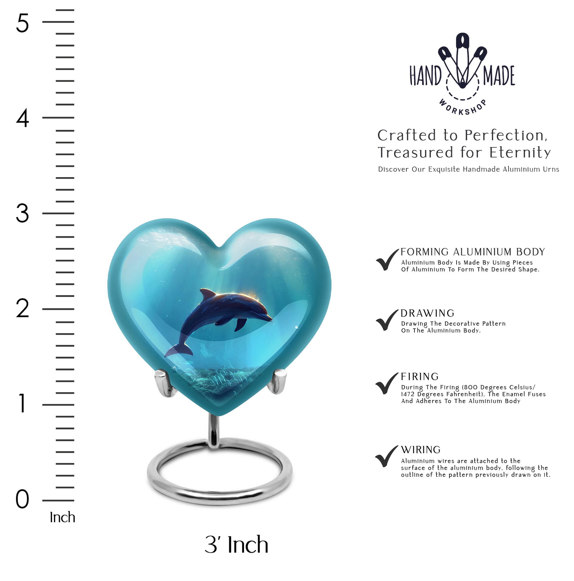 Moonlight Silver Dolphin Cremation Urn front view showing detailed design - compassionate heart-dolphin combination with gentle curves - mini keepsake memorial for portion of cremation ashes