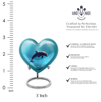 Moonlight Silver Dolphin Cremation Urn front view showing detailed design - compassionate heart-dolphin combination with gentle curves - mini keepsake memorial for portion of cremation ashes