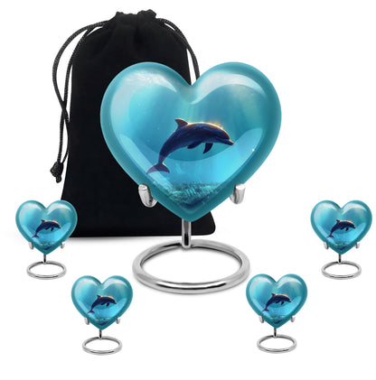 Satin Silver Dolphin Cremation Urn close-up of engraving and surface detail - loving heart memorial featuring dolphin pattern - memorial set with one large and four small urns
