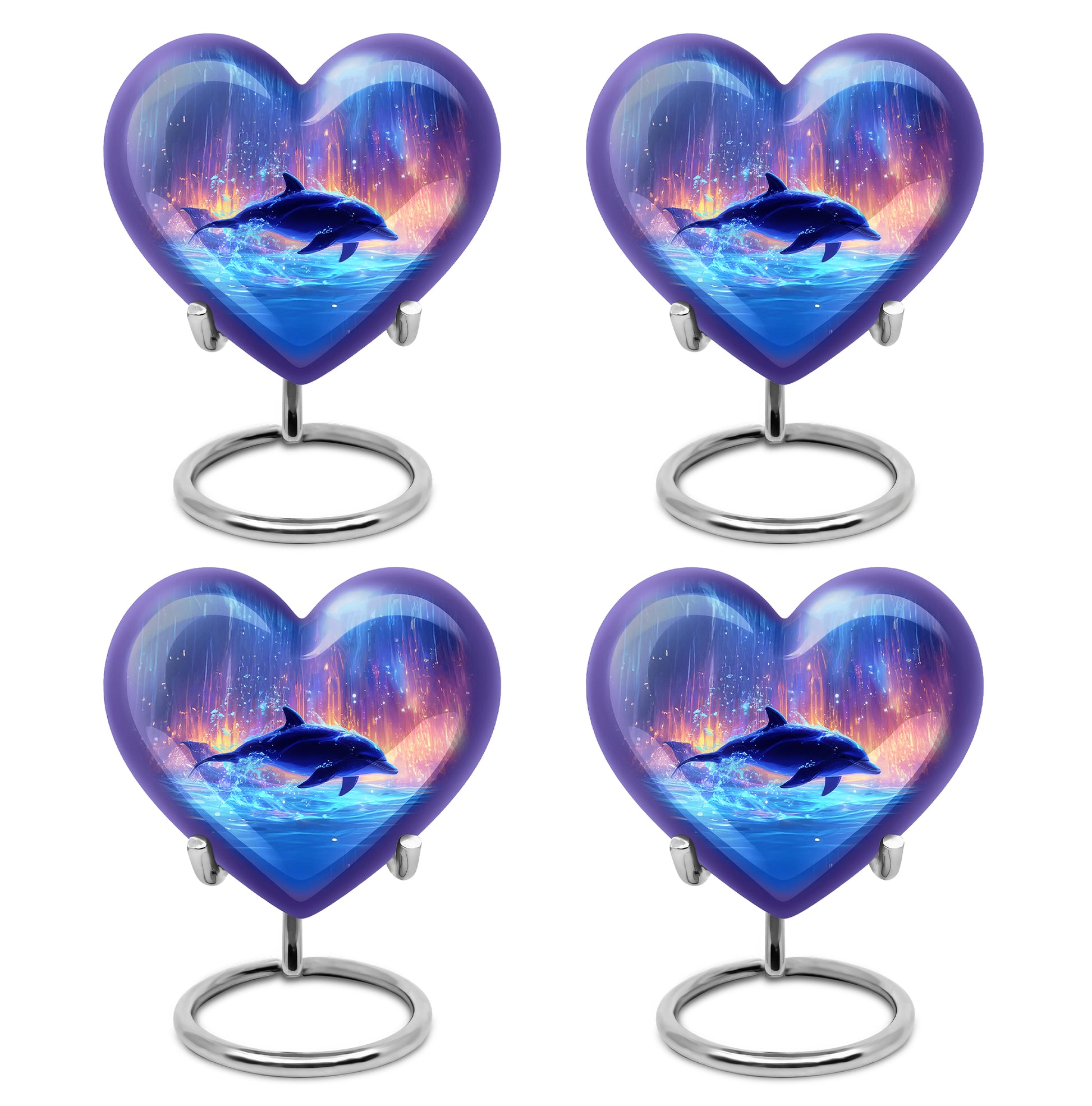 Celestial Blue Dolphin Cremation Urn angled view of lid and engraved motif - heart-shaped dolphin design symbolizing eternal love - 10 inch aluminum urn for cremated remains