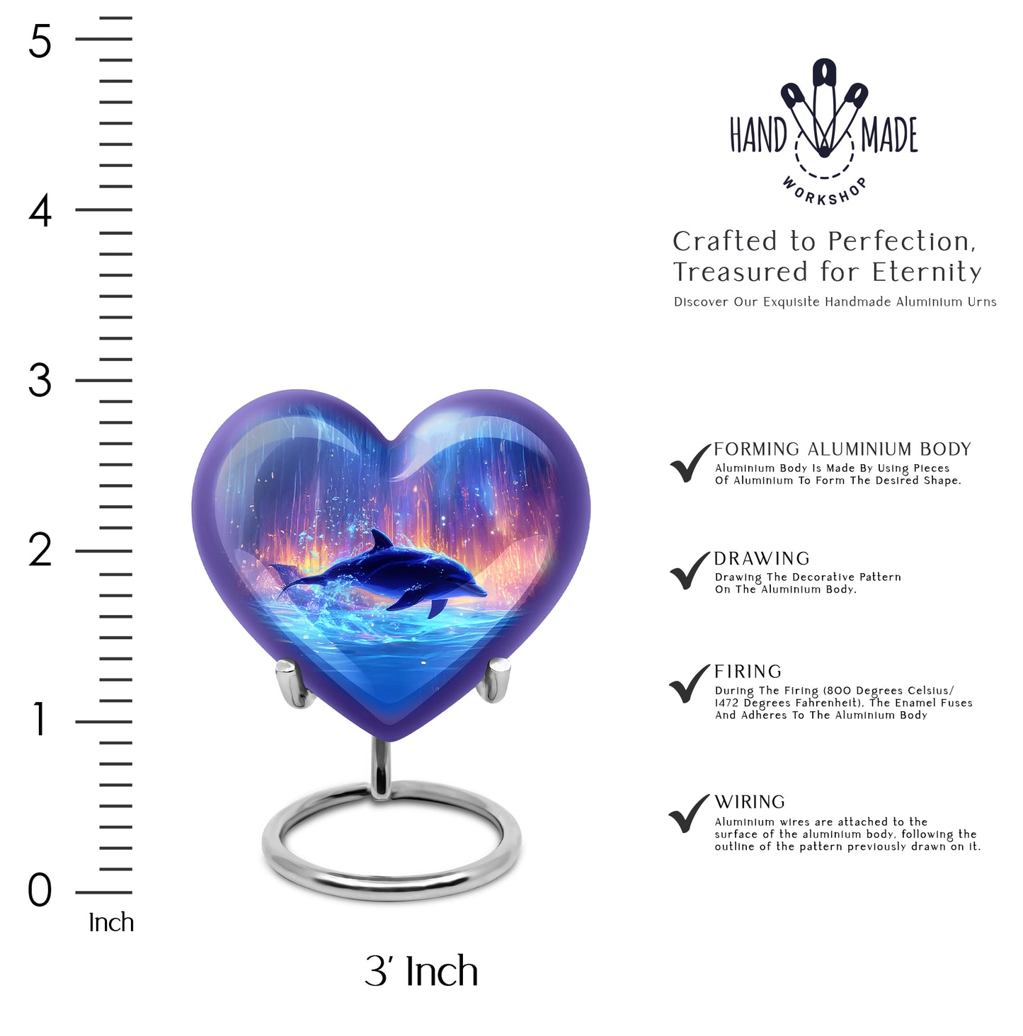 Soft Blue Dolphin Cremation Urn front view showing detailed design - compassionate heart-dolphin combination with gentle curves - mini keepsake memorial for portion of cremation ashes