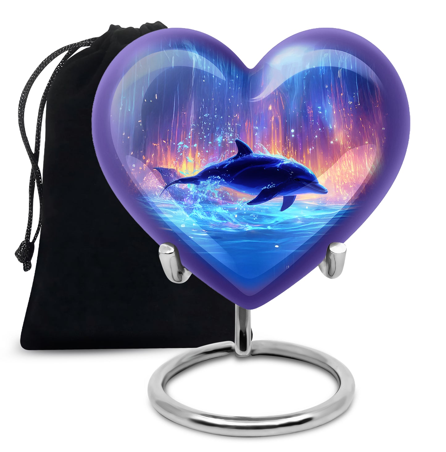 Calming Blue Dolphin Cremation Urn detail view - compassionate heart-dolphin combination with gentle curves - full-size 10 inch 200 cubic inch adult cremation urn
