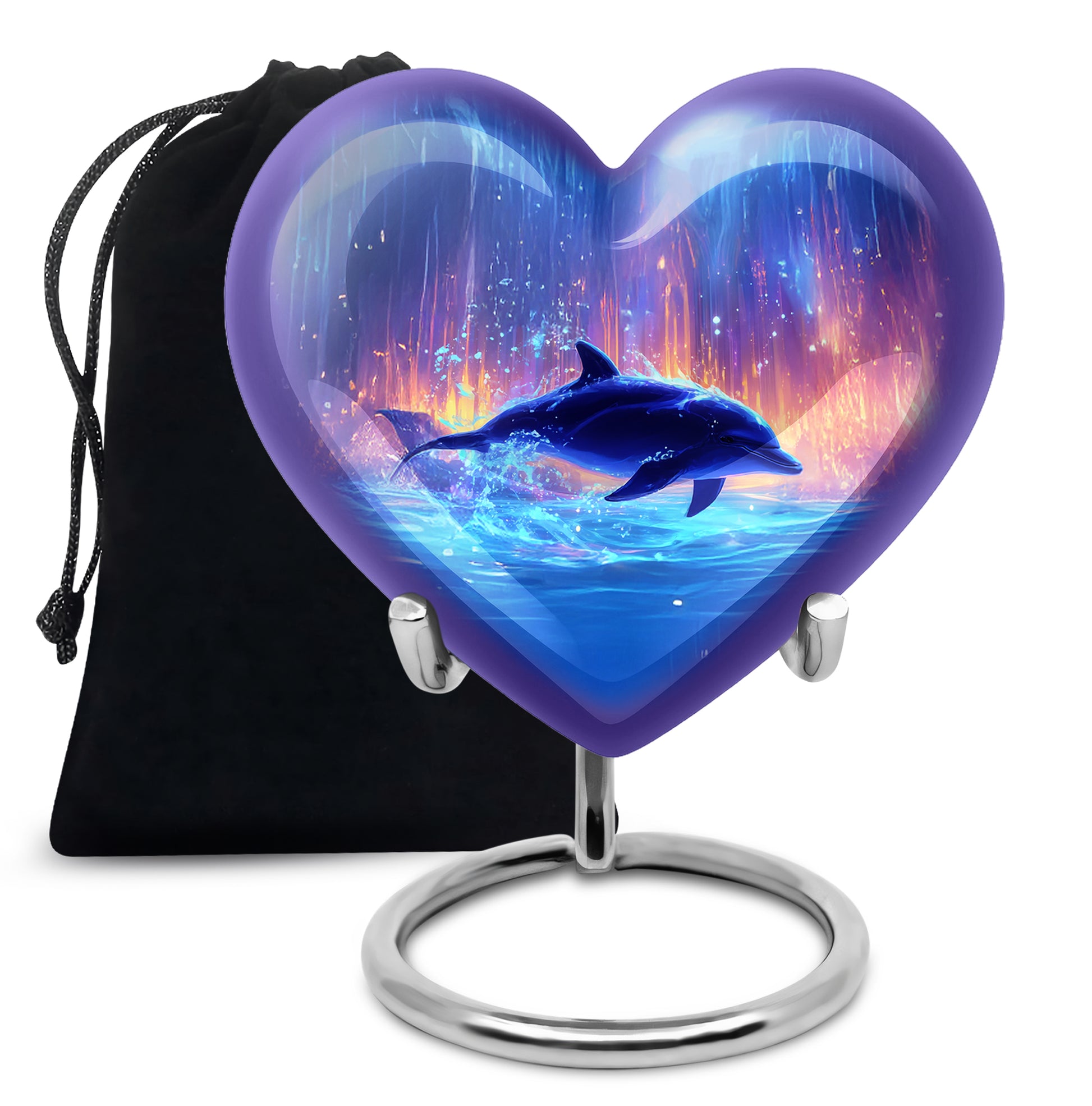 Calming Blue Dolphin Cremation Urn detail view - compassionate heart-dolphin combination with gentle curves - full-size 10 inch 200 cubic inch adult cremation urn