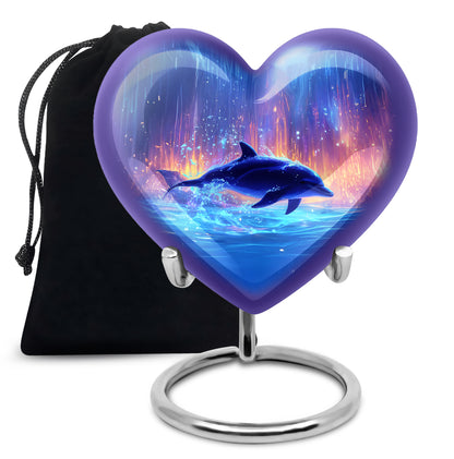 Calming Blue Dolphin Cremation Urn detail view - compassionate heart-dolphin combination with gentle curves - full-size 10 inch 200 cubic inch adult cremation urn