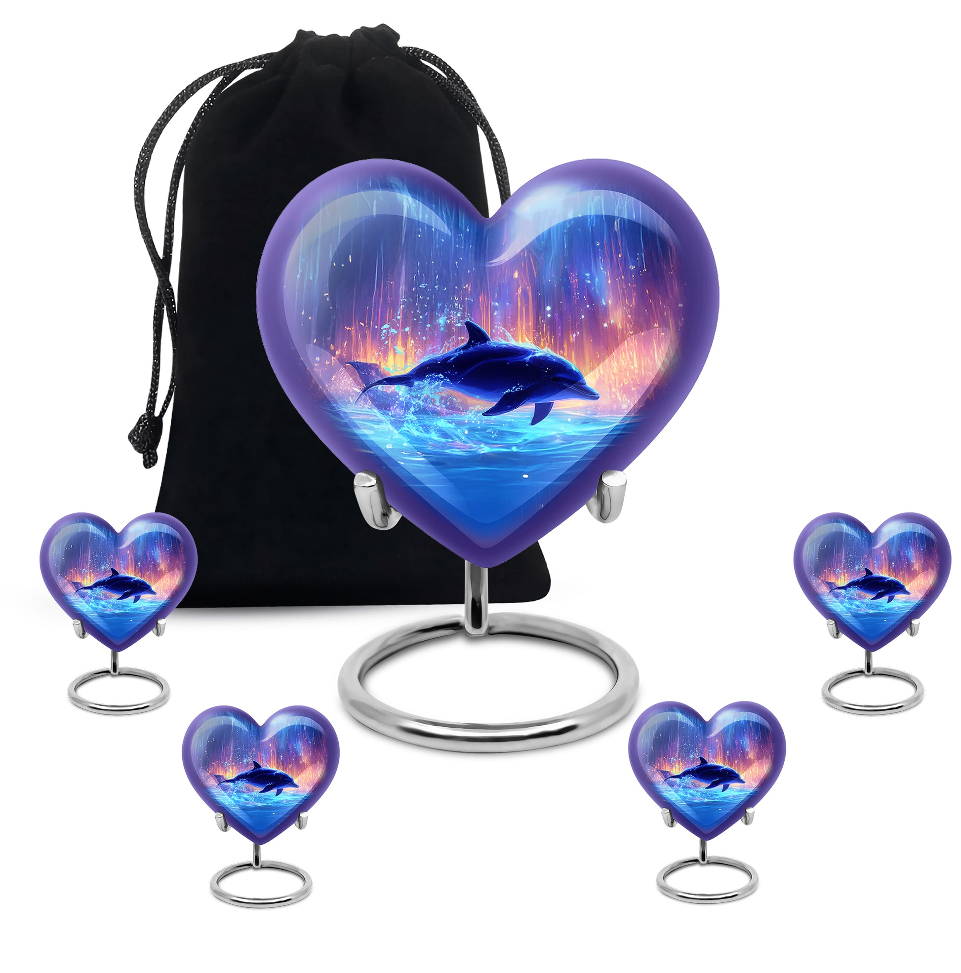 Soft Blue Dolphin Cremation Urn close-up of engraving and surface detail - compassionate heart-dolphin combination with gentle curves - memorial set with one large and four small urns