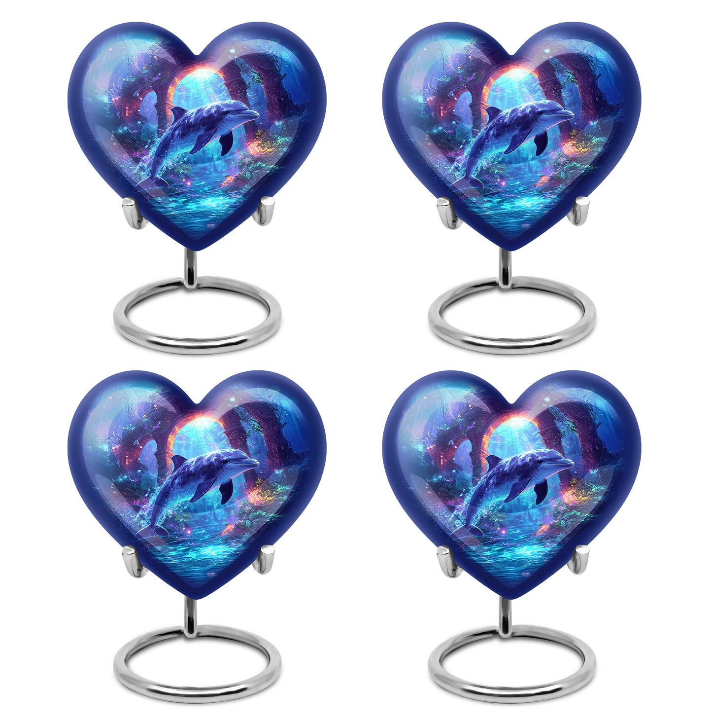 Pastel Blue Dolphin Cremation Urn angled view of lid and engraved motif - loving heart memorial featuring dolphin pattern - 10 inch aluminum urn for cremated remains