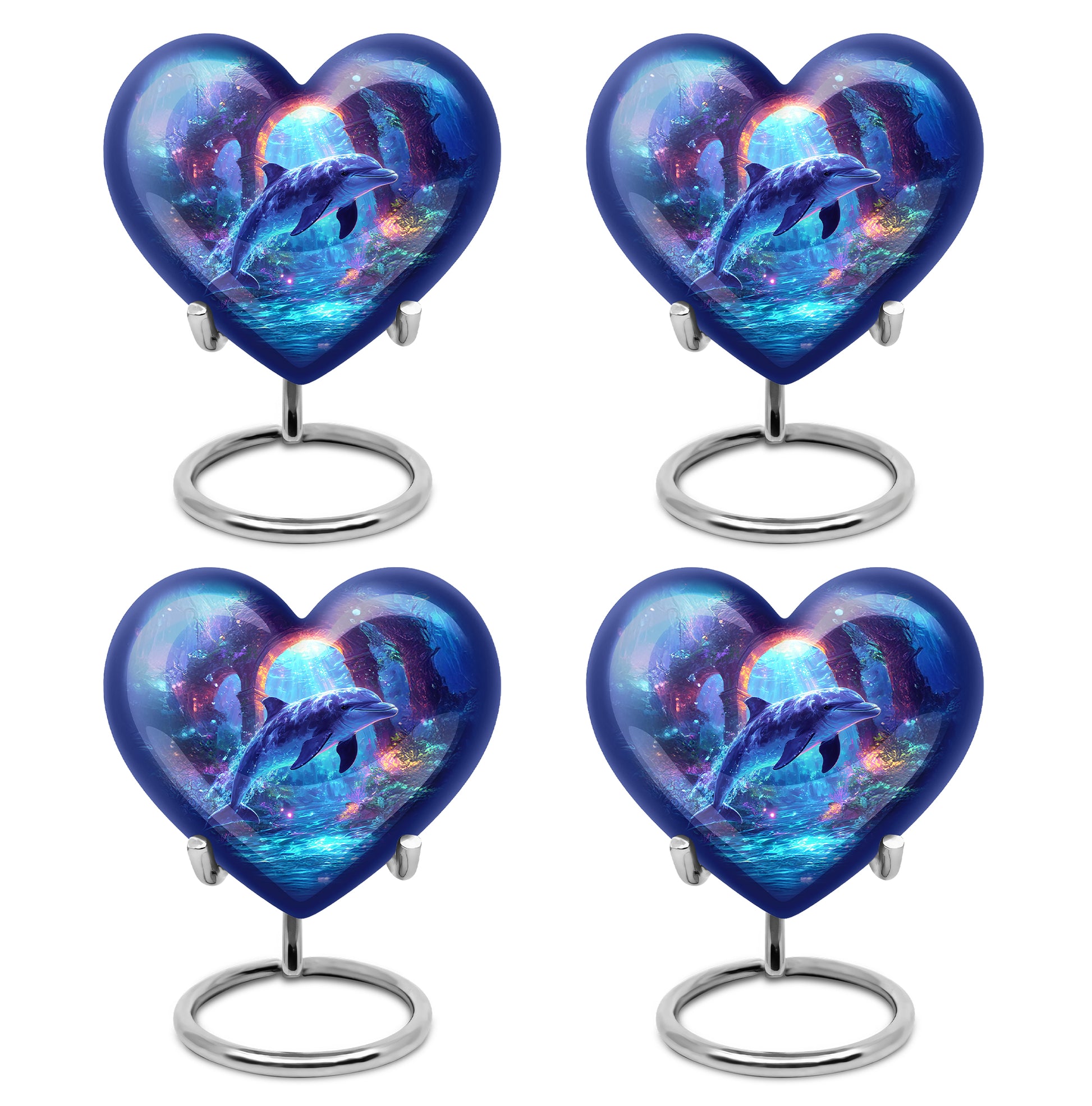 Pastel Blue Dolphin Cremation Urn angled view of lid and engraved motif - loving heart memorial featuring dolphin pattern - 10 inch aluminum urn for cremated remains