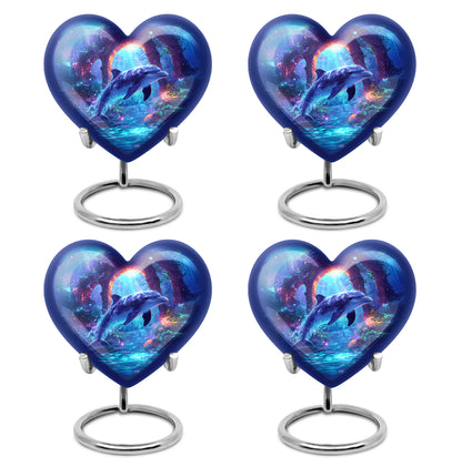 Pastel Blue Dolphin Cremation Urn angled view of lid and engraved motif - loving heart memorial featuring dolphin pattern - 10 inch aluminum urn for cremated remains