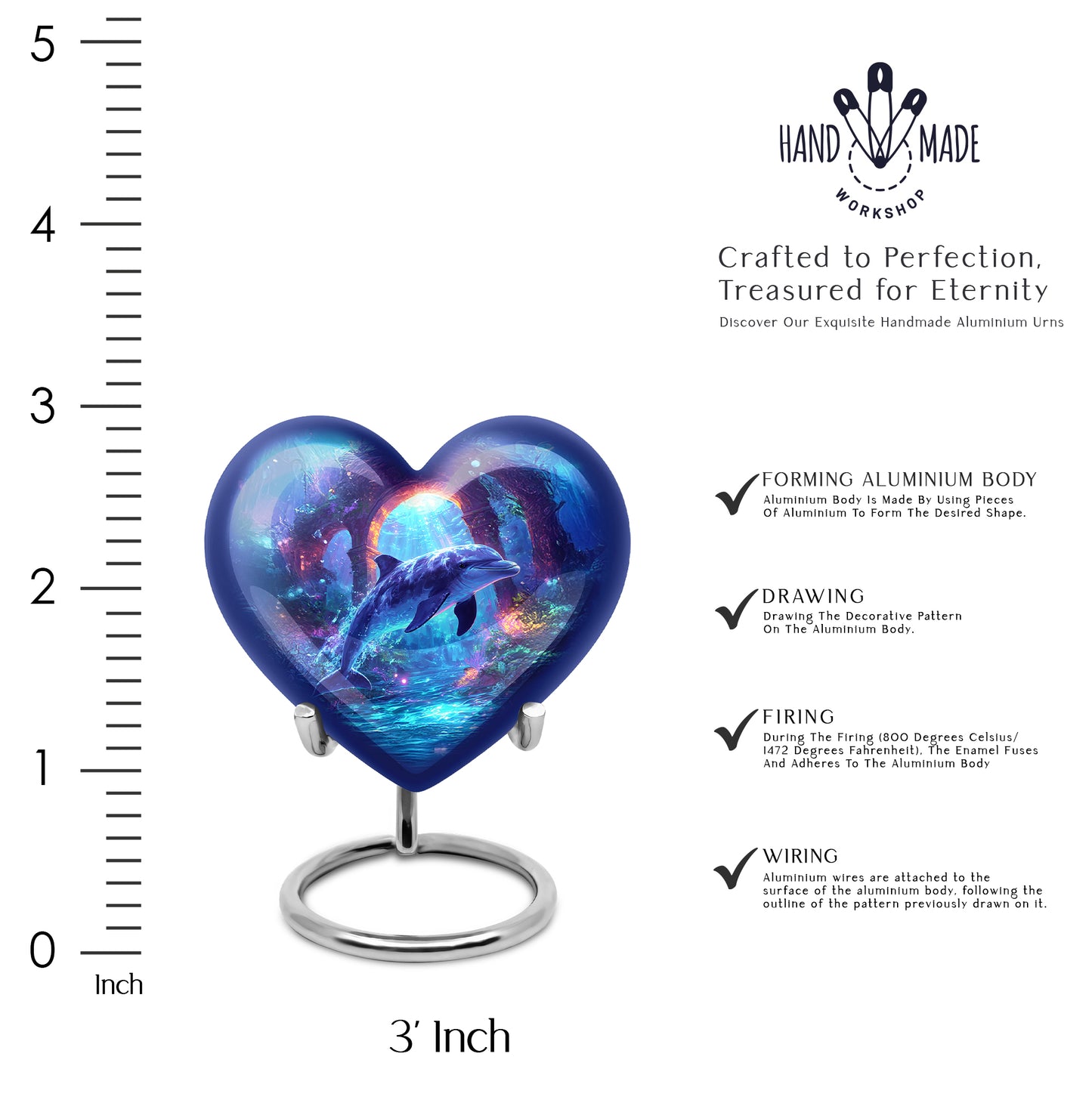 Icy Blue Dolphin Cremation Urn front view showing detailed design - heart-shaped dolphin design symbolizing eternal love - mini keepsake memorial for portion of cremation ashes