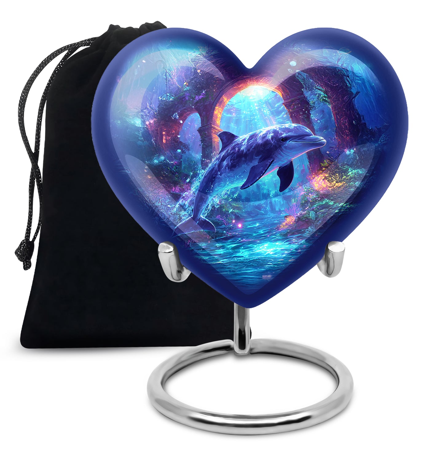 Azure Dolphin Cremation Urn detail view - loving heart memorial featuring dolphin pattern - full-size 10 inch 200 cubic inch adult cremation urn