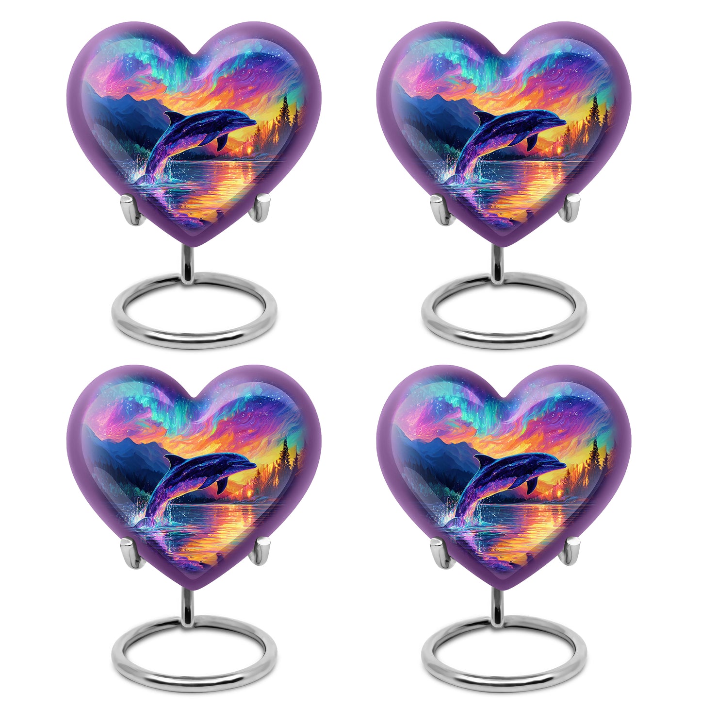 Azure Dolphin Cremation Urn angled view of lid and engraved motif - loving heart memorial featuring dolphin pattern - 10 inch aluminum urn for cremated remains