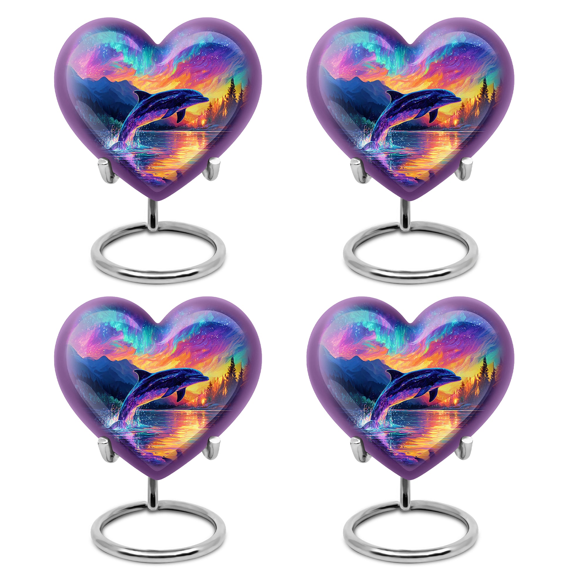 Azure Dolphin Cremation Urn angled view of lid and engraved motif - loving heart memorial featuring dolphin pattern - 10 inch aluminum urn for cremated remains