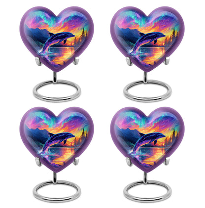 Azure Dolphin Cremation Urn angled view of lid and engraved motif - loving heart memorial featuring dolphin pattern - 10 inch aluminum urn for cremated remains