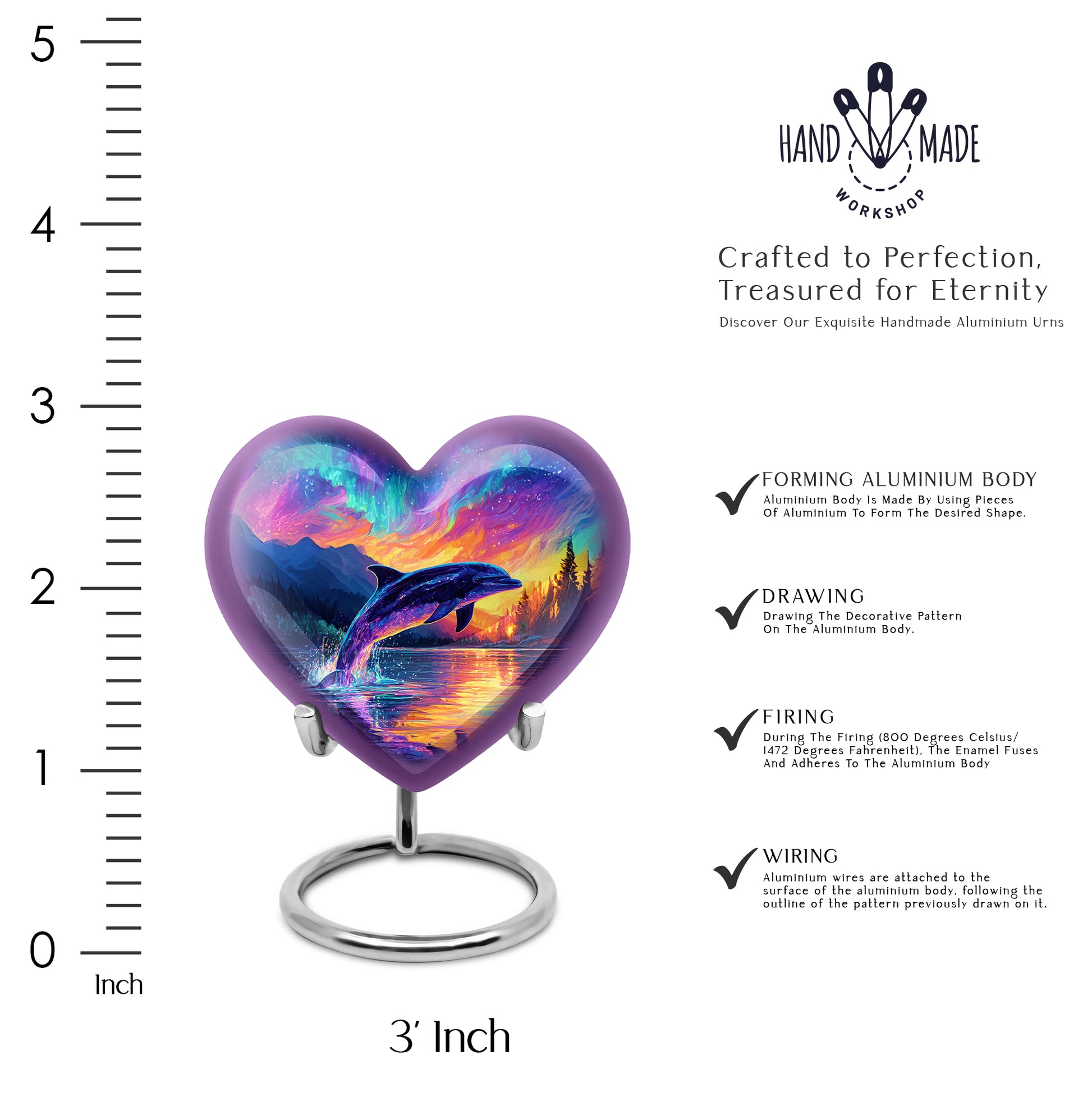 Navy Blue Dolphin Cremation Urn front view showing detailed design - heart-shaped dolphin design symbolizing eternal love - mini keepsake memorial for portion of cremation ashes