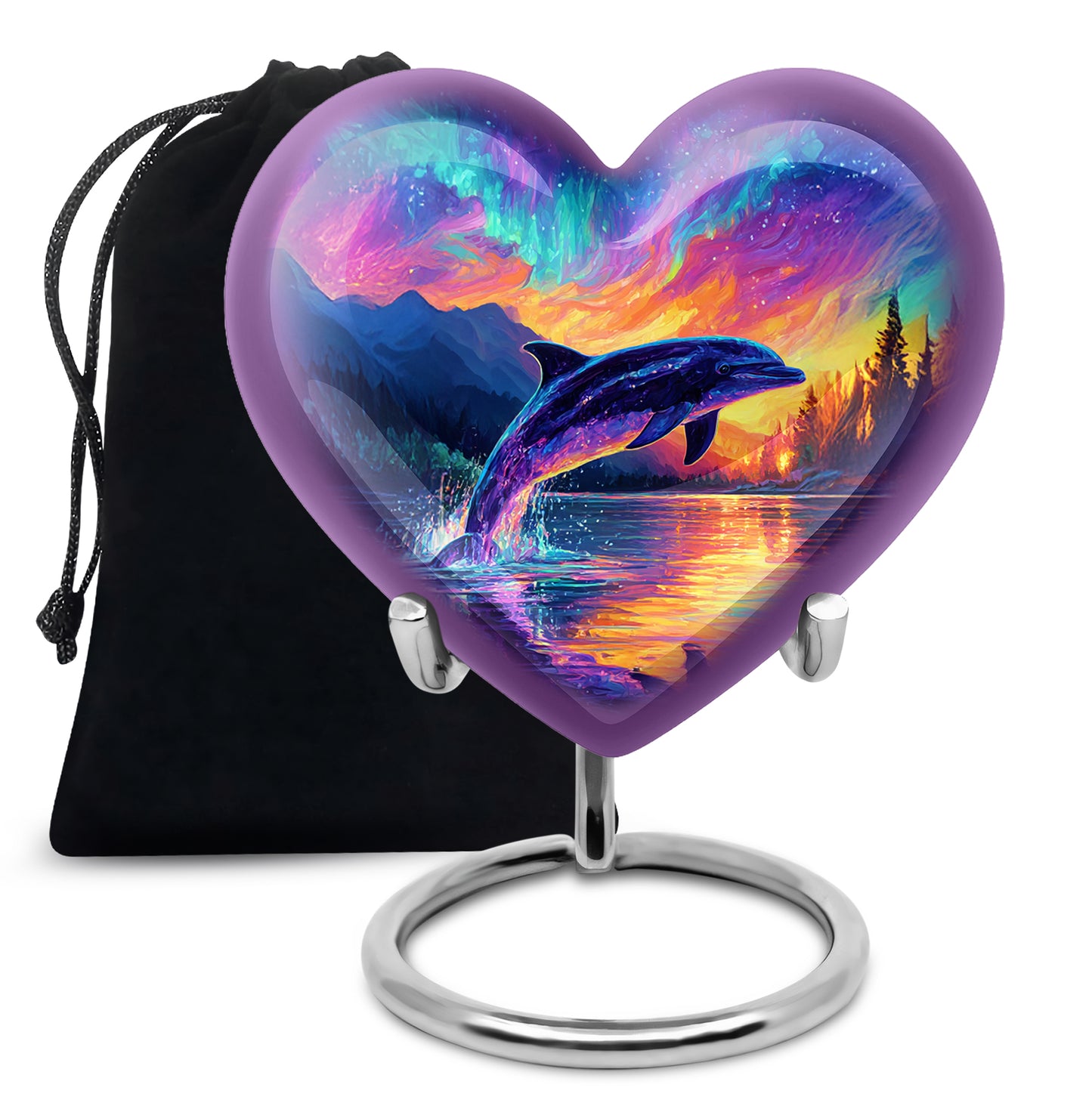 Powder Blue Dolphin Cremation Urn detail view - loving heart memorial featuring dolphin pattern - full-size 10 inch 200 cubic inch adult cremation urn