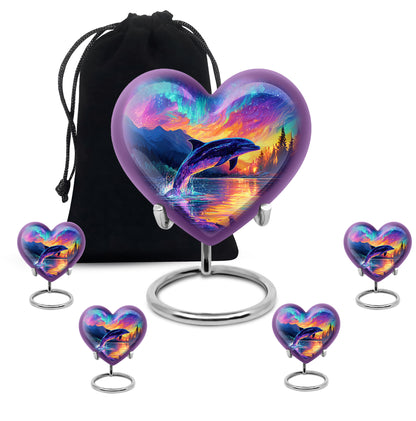 Bright Blue Dolphin Cremation Urn close-up of engraving and surface detail - romantic heart urn with dolphin motif on aluminum - memorial set with one large and four small urns