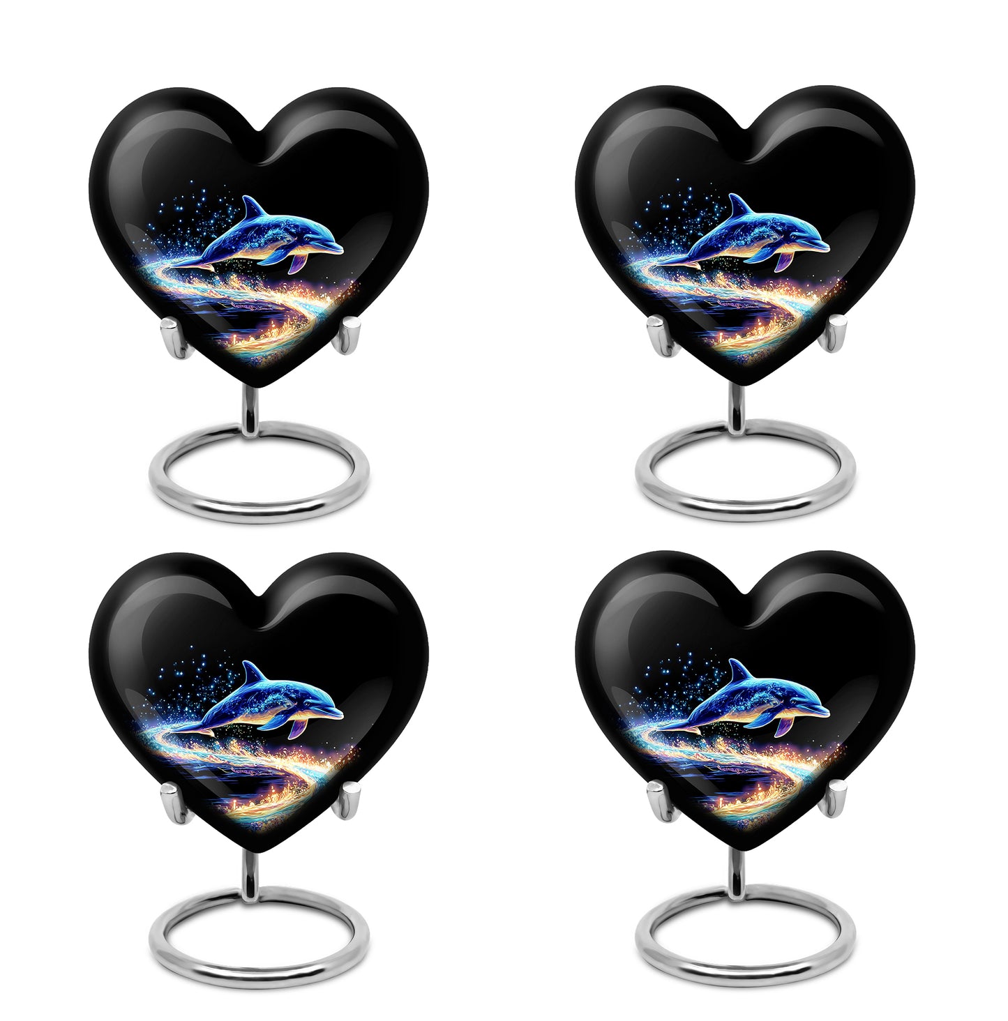 Dark Black Dolphin Cremation Urn angled view of lid and engraved motif - romantic heart urn with dolphin motif on aluminum - 10 inch aluminum urn for cremated remains