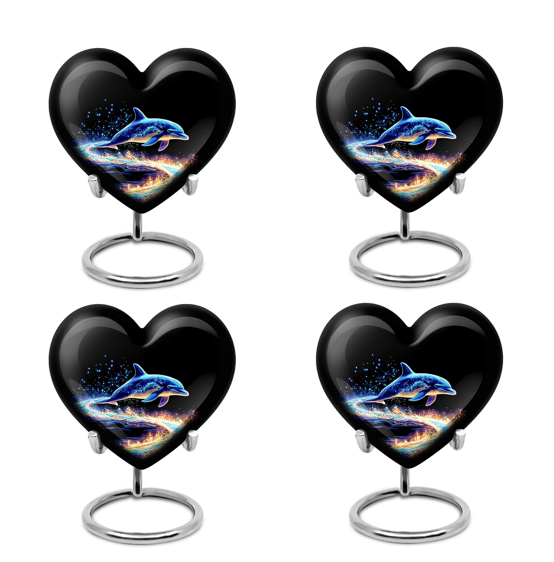 Dark Black Dolphin Cremation Urn angled view of lid and engraved motif - romantic heart urn with dolphin motif on aluminum - 10 inch aluminum urn for cremated remains