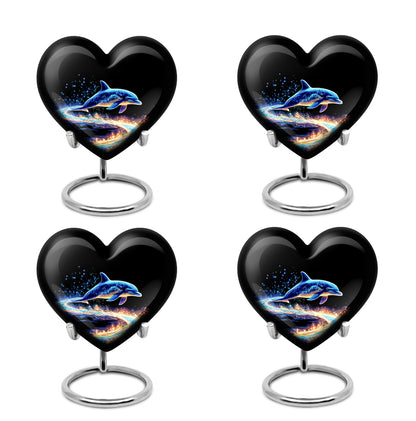 Dark Black Dolphin Cremation Urn angled view of lid and engraved motif - romantic heart urn with dolphin motif on aluminum - 10 inch aluminum urn for cremated remains