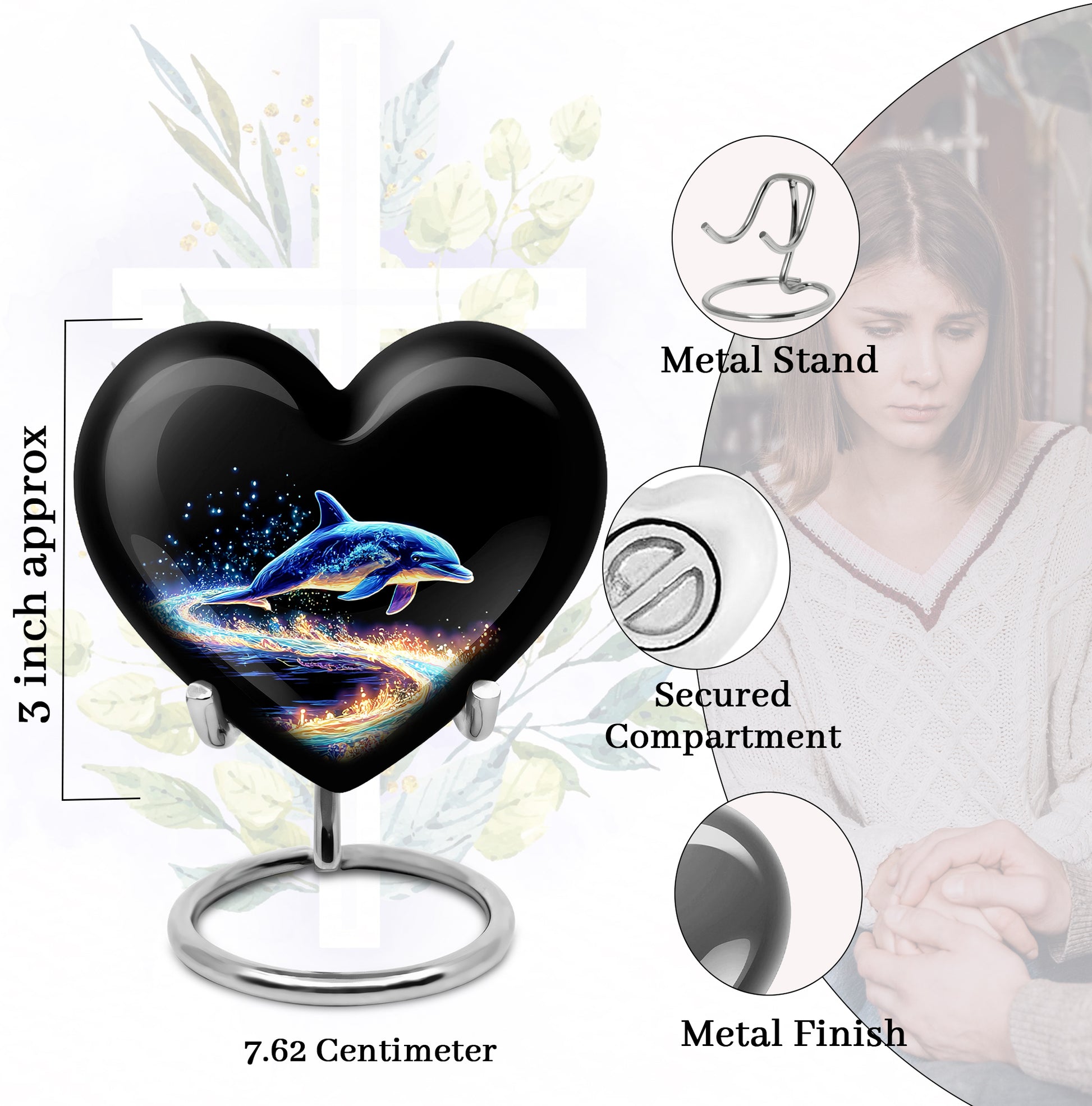 Rich Black Dolphin Cremation Urn front view showing detailed design - loving heart memorial featuring dolphin pattern - mini keepsake memorial for portion of cremation ashes