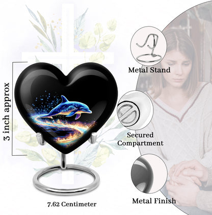 Rich Black Dolphin Cremation Urn front view showing detailed design - loving heart memorial featuring dolphin pattern - mini keepsake memorial for portion of cremation ashes