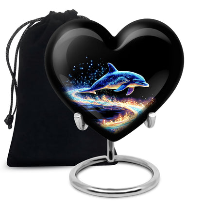 Obsidian Black Dolphin Cremation Urn detail view - compassionate heart-dolphin combination with gentle curves - full-size 10 inch 200 cubic inch adult cremation urn