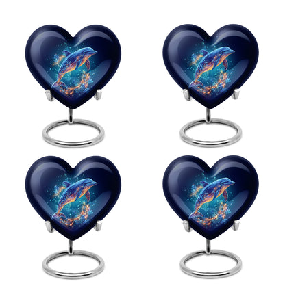 Royal Blue Dolphin Cremation Urn angled view of lid and engraved motif - compassionate heart-dolphin combination with gentle curves - 10 inch aluminum urn for cremated remains