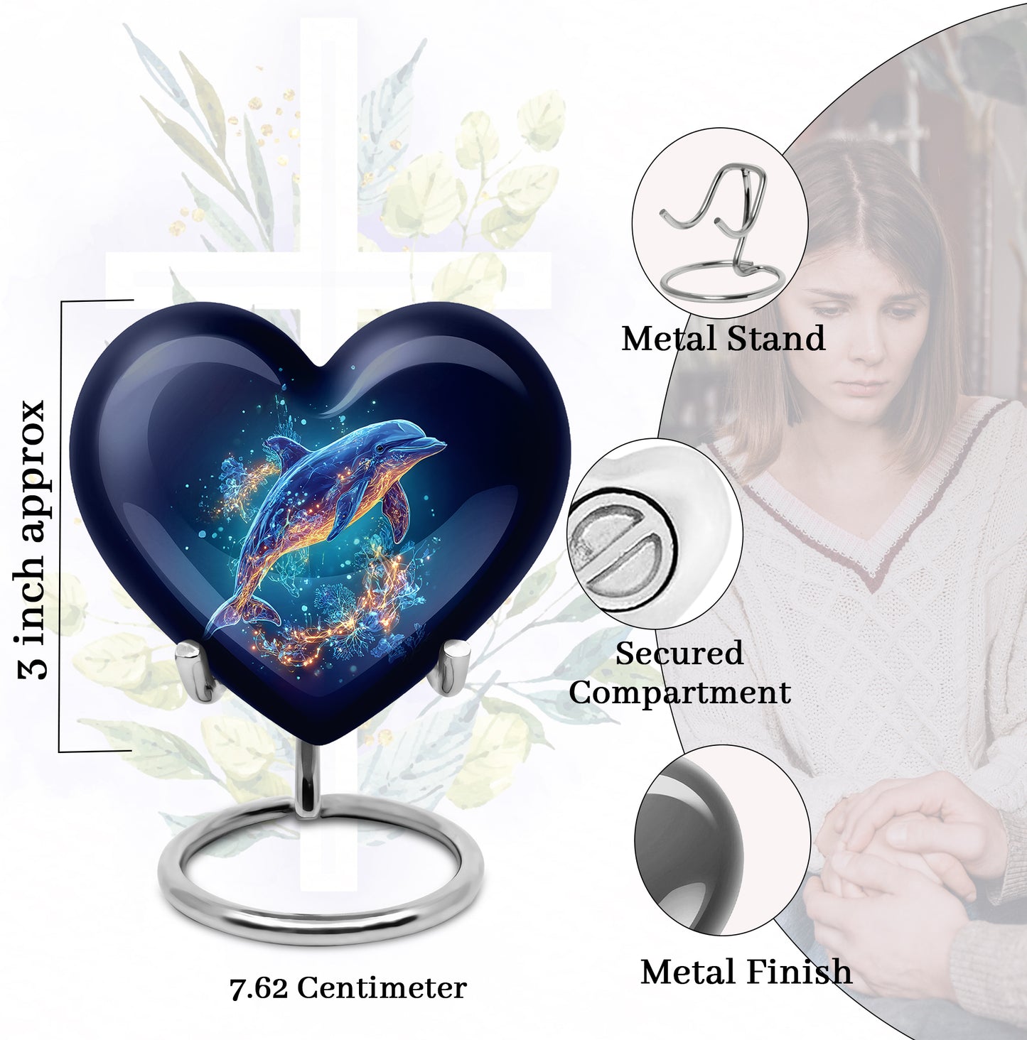 Sapphire Blue Dolphin Cremation Urn front view showing detailed design - compassionate heart-dolphin combination with gentle curves - mini keepsake memorial for portion of cremation ashes