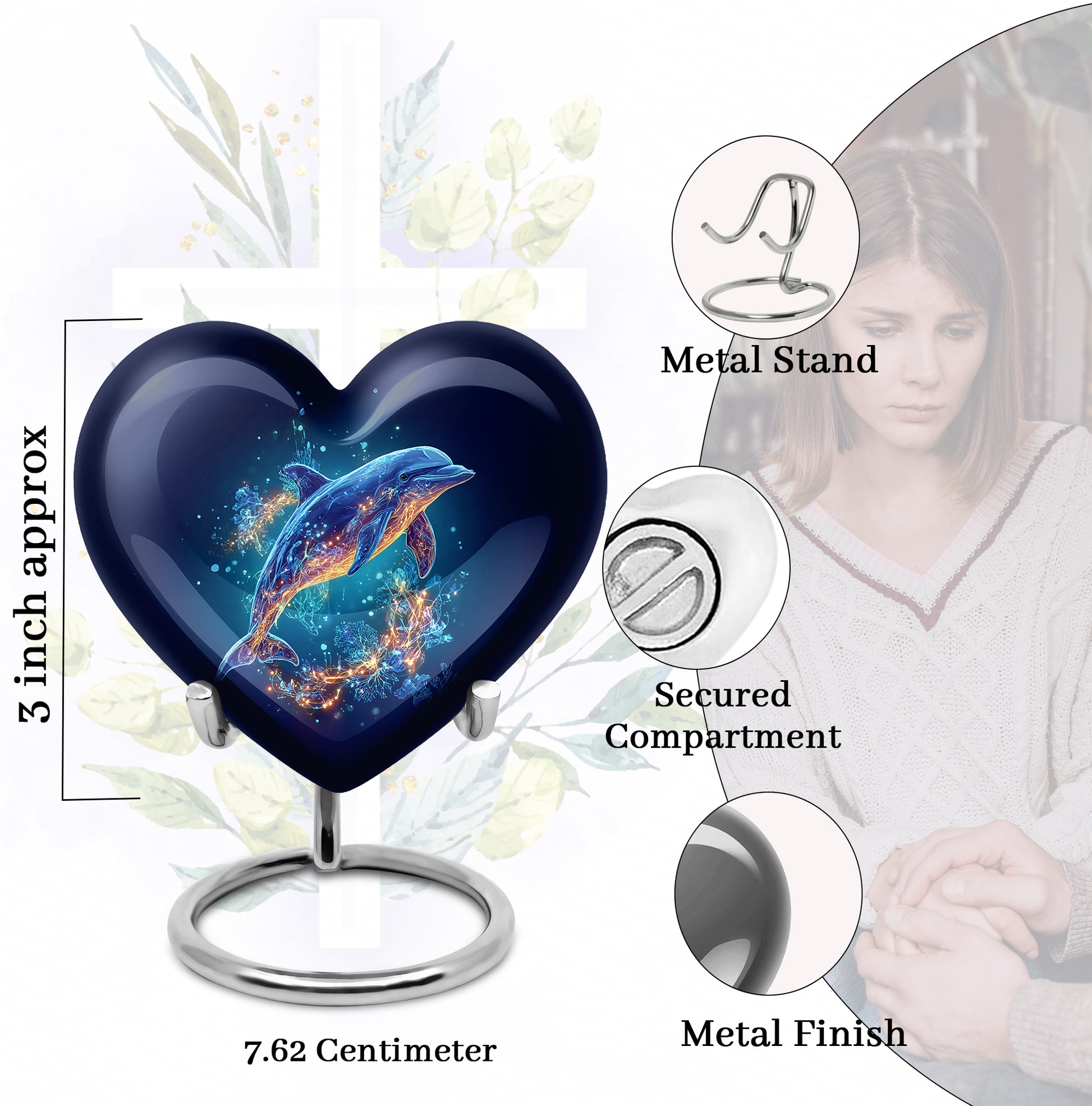 Sapphire Blue Dolphin Cremation Urn front view showing detailed design - compassionate heart-dolphin combination with gentle curves - mini keepsake memorial for portion of cremation ashes