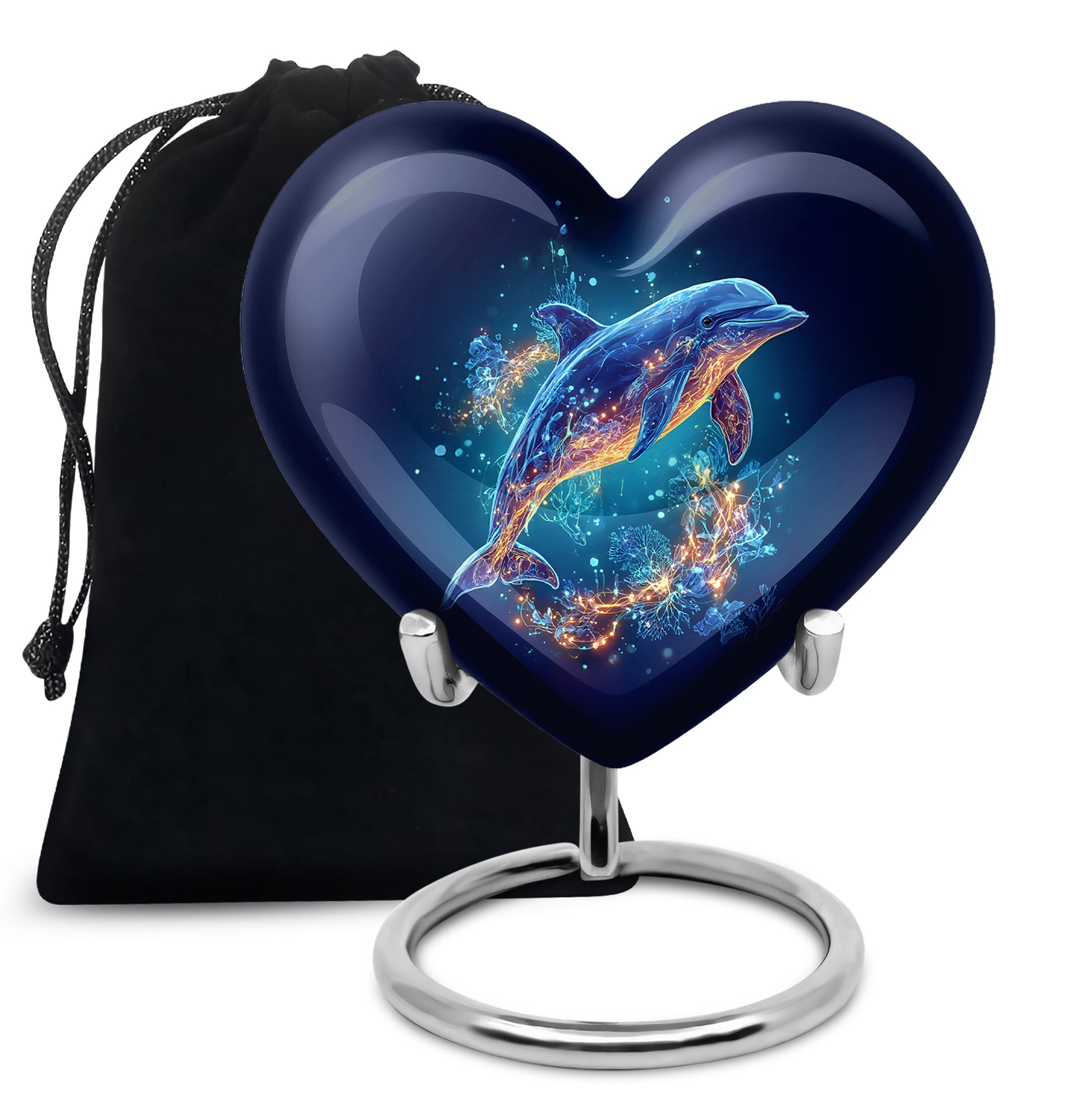 Vivid Blue Dolphin Cremation Urn detail view - compassionate heart-dolphin combination with gentle curves - full-size 10 inch 200 cubic inch adult cremation urn