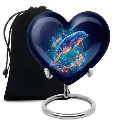 Vivid Blue Dolphin Cremation Urn detail view - compassionate heart-dolphin combination with gentle curves - full-size 10 inch 200 cubic inch adult cremation urn