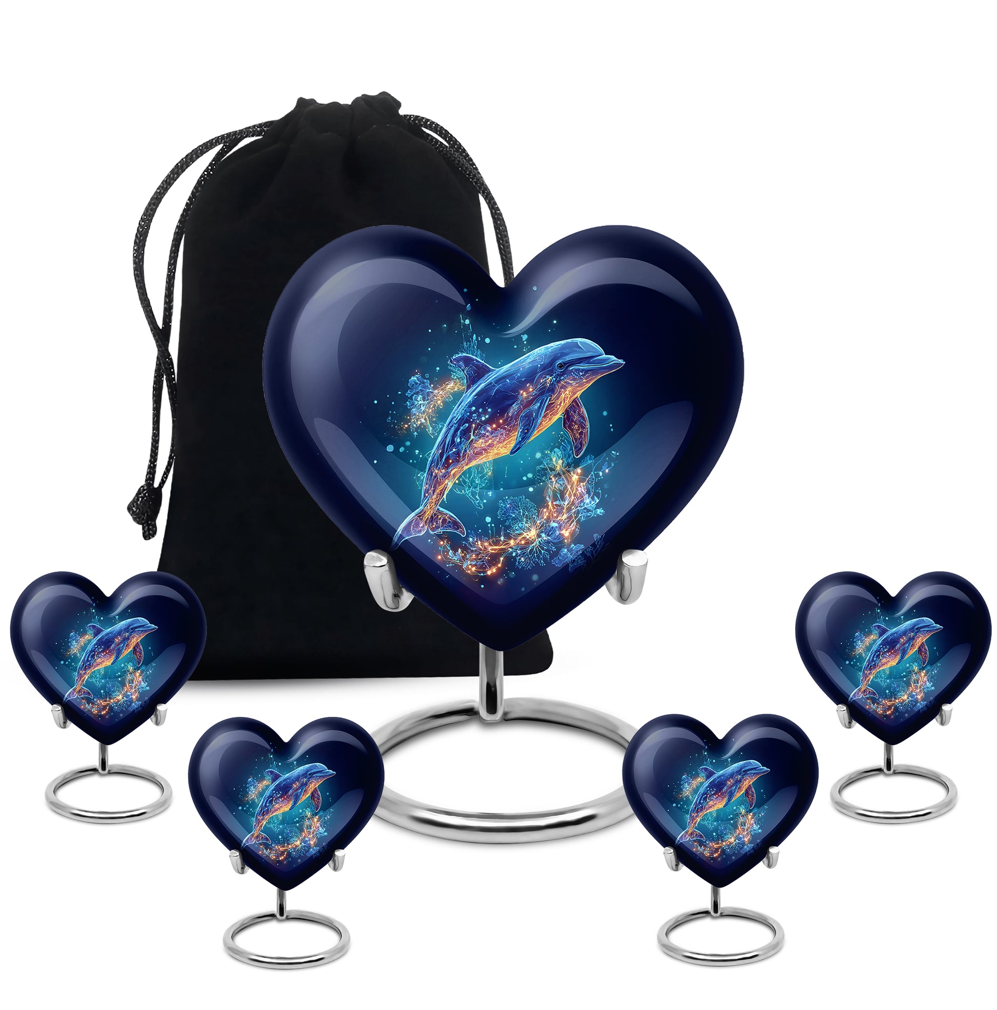 Navy Blue Dolphin Cremation Urn close-up of engraving and surface detail - heart-shaped dolphin design symbolizing eternal love - memorial set with one large and four small urns