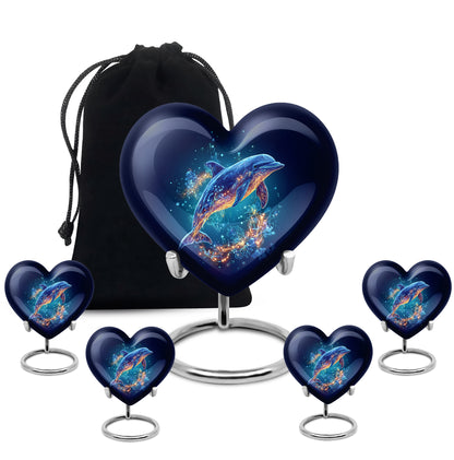 Navy Blue Dolphin Cremation Urn close-up of engraving and surface detail - heart-shaped dolphin design symbolizing eternal love - memorial set with one large and four small urns