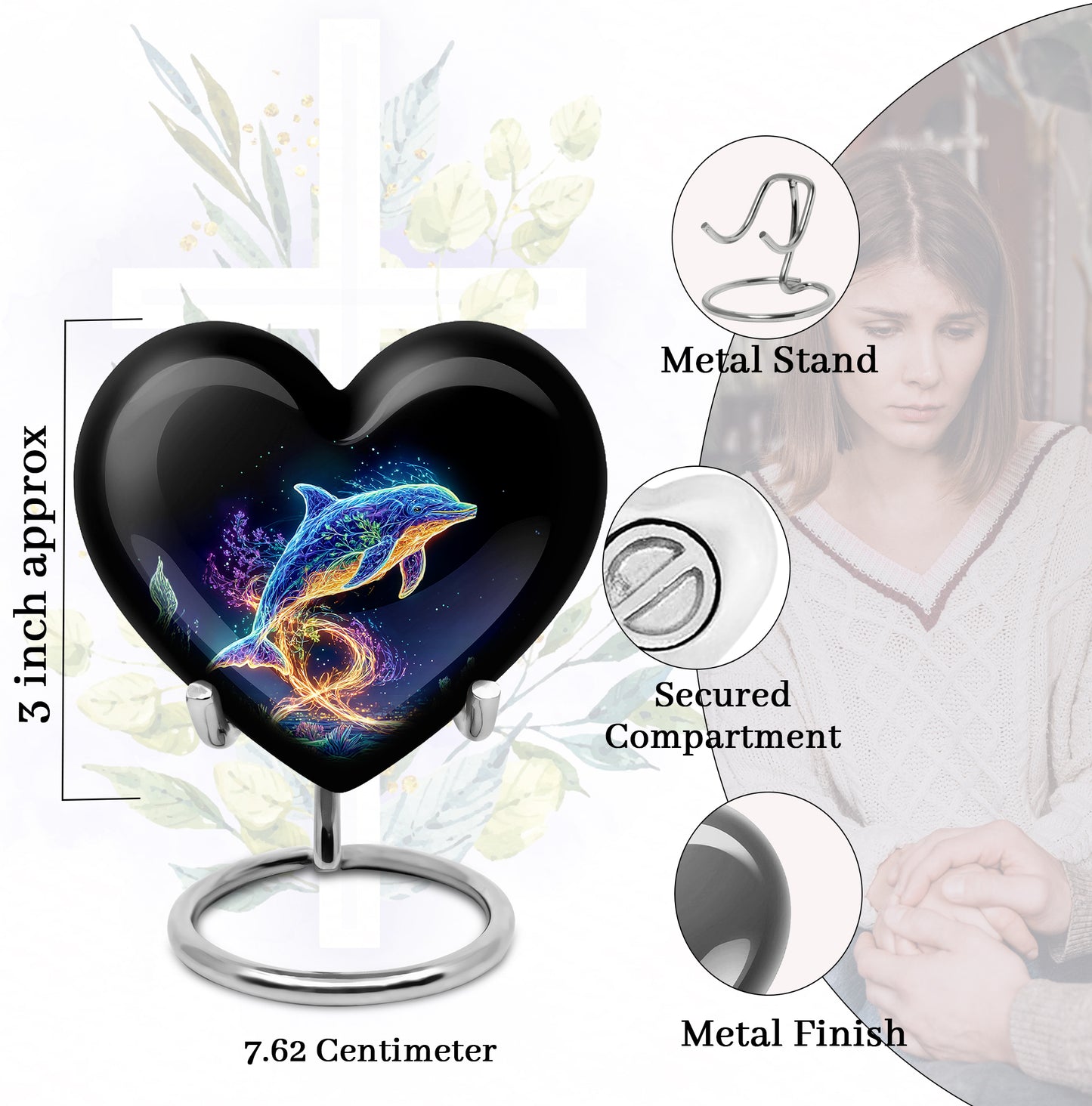 Jet Black Dolphin Cremation Urn front view showing detailed design - loving heart memorial featuring dolphin pattern - mini keepsake memorial for portion of cremation ashes