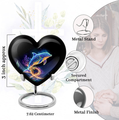 Jet Black Dolphin Cremation Urn front view showing detailed design - loving heart memorial featuring dolphin pattern - mini keepsake memorial for portion of cremation ashes