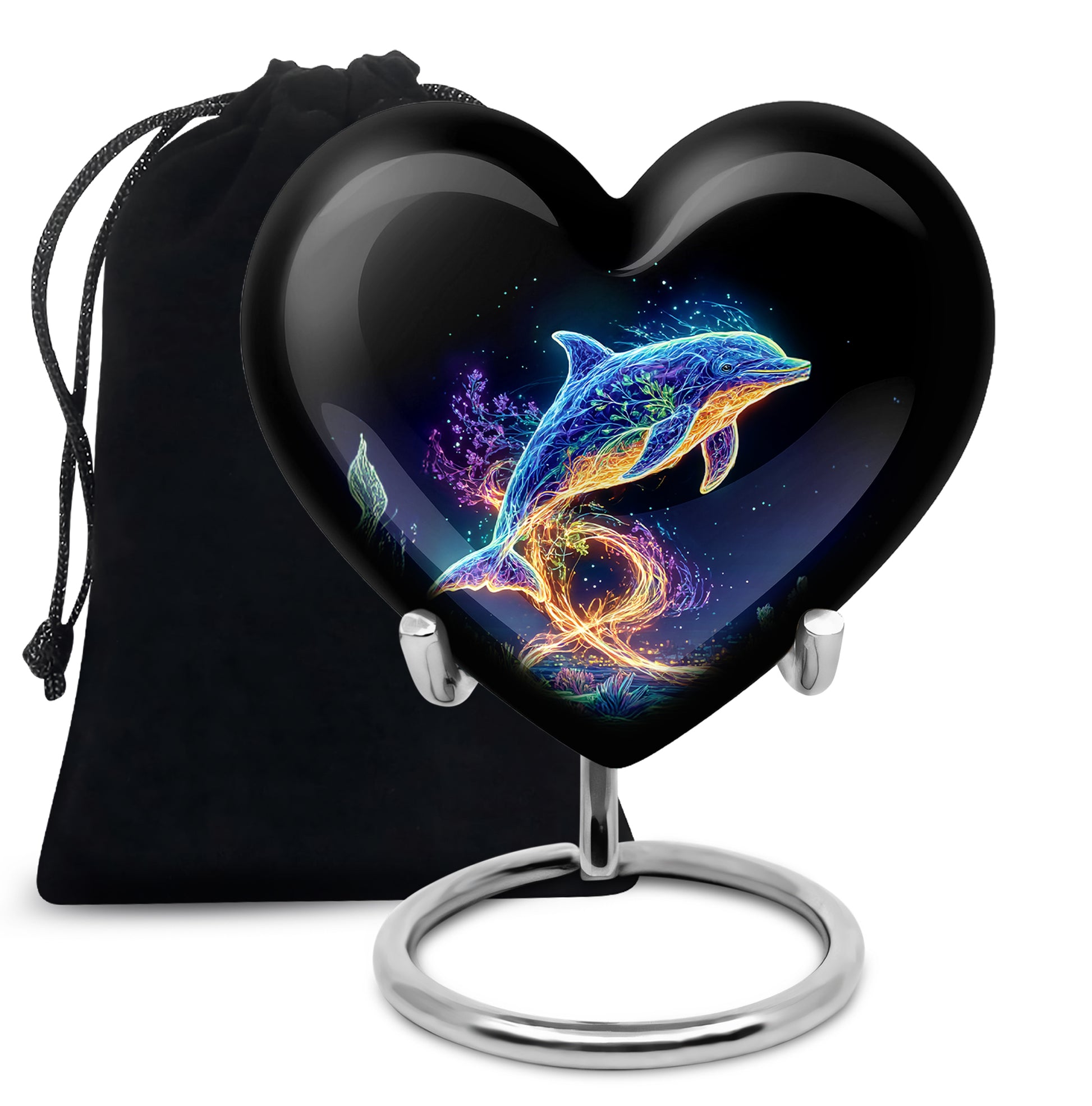 Glossy Black Dolphin Cremation Urn detail view - heart-shaped dolphin design symbolizing eternal love - full-size 10 inch 200 cubic inch adult cremation urn