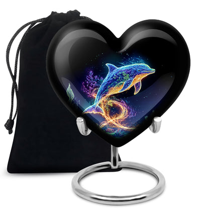 Glossy Black Dolphin Cremation Urn detail view - heart-shaped dolphin design symbolizing eternal love - full-size 10 inch 200 cubic inch adult cremation urn