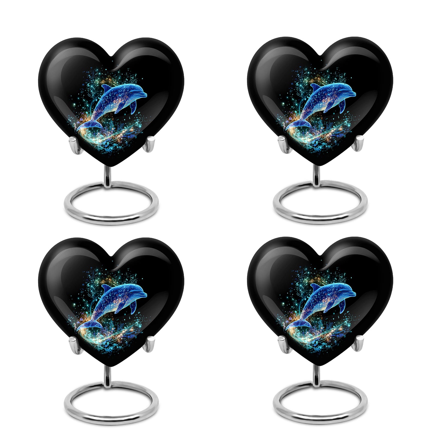 Rich Black Dolphin Cremation Urn angled view of lid and engraved motif - heart-shaped dolphin design symbolizing eternal love - 10 inch aluminum urn for cremated remains